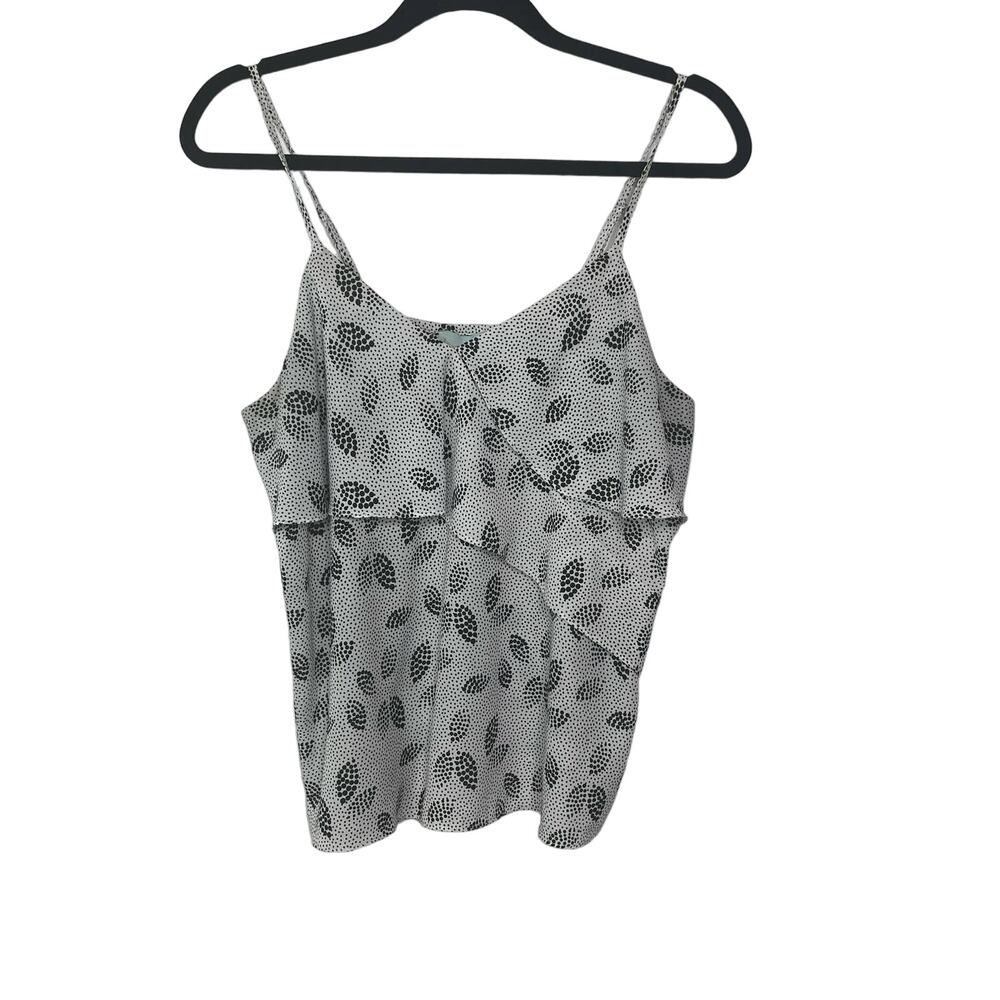 Veronica M Camisole Dot Leaf Print Ruffled V-Neck Adjustable Strap Gray Black L